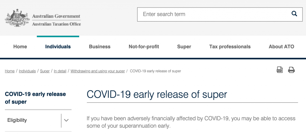 Screen grab of Australian Tax Office Early Super Release Page